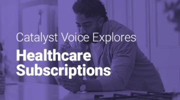 Home, internet and man in kitchen, smartphone and typing with social media, connection and email and text: "Catalyst Voice explores healthcare subscriptions."