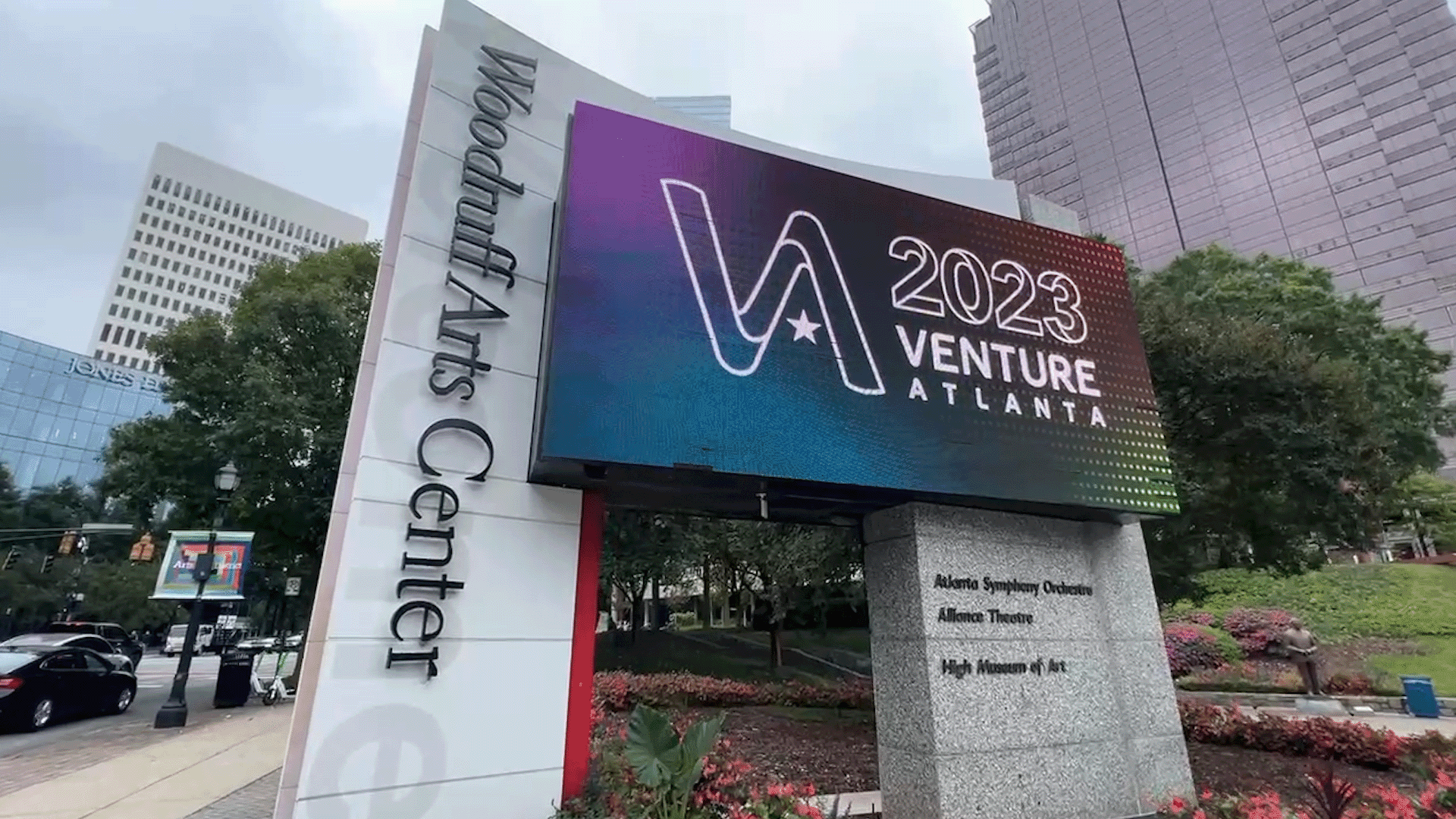 Outdoor monument for the Woodruff Arts Center and Venture Atlanta digital sign.
