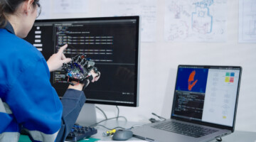 Women engineer developer writing code on a computer robotics arm model prototype controlling motor control sensor for testing program mechanical engineering and software development