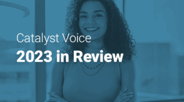 Woman, portrait and happy in office with arms crossed, fashion mogul and pride with entrepreneur and text: "Catalyst Voice 2023 in Review."