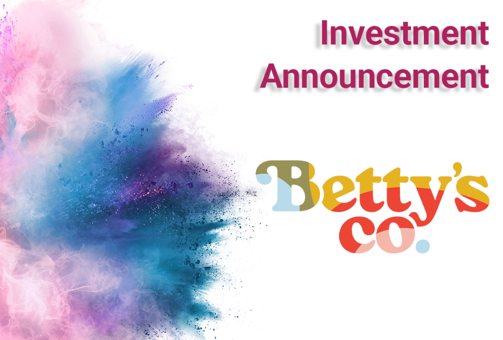 Catalyst powder burst with text "Investment announcement" and Betty's Co. logo.
