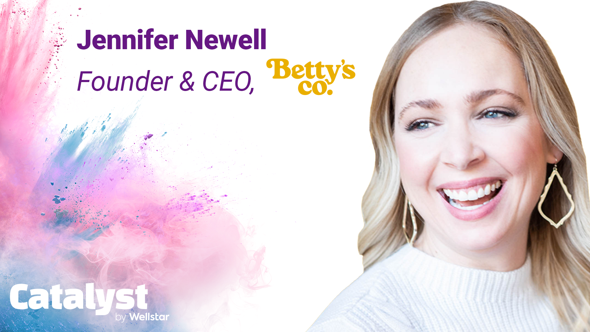 Headshot of Jennifer Newell, Founder & CEO of Betty's Co., and powder burst.