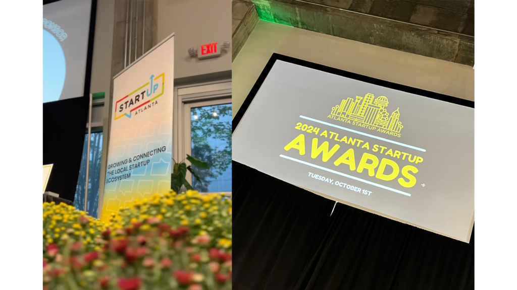 Pictures of an Atlanta Startup banner and the awards logo on a TV screen.