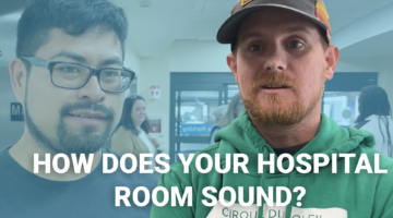 Two men looking at camera and text: "How does your hospital room sound?"