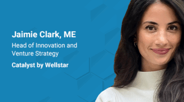 Woman smiling on blue background with text: “Jaimie Clark, ME — Head of Innovation and Venture Strategy, Wellstar Health System.”