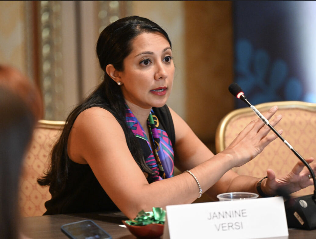 Jannine Versi speaking on a panel.