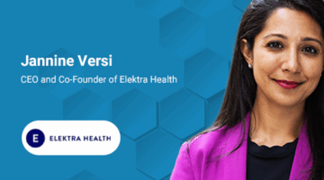Woman smiling on blue background with text: “Jannine Versi — CEO and Co-Founder of Elektra Health,” and the Elektra Health logo below.