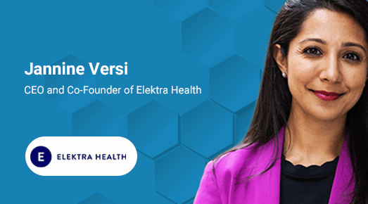 Woman smiling on blue background with text: “Jannine Versi — CEO and Co-Founder of Elektra Health,” and the Elektra Health logo below.