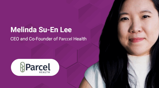 Woman on purple background with text: “Melinda Su-En Lee — CEO and Co-Founder of Parcel Health,” and the Parcel Health logo.